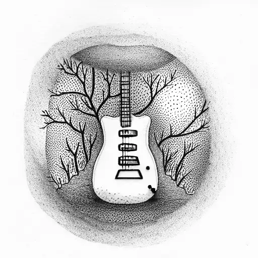 guitar made by trees and reflection of it in a lake tattoo design idea
