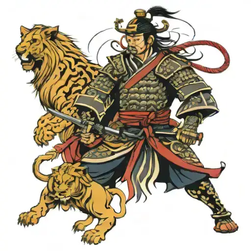 samurai surrounded by lions facing each tattoo design idea
