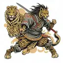 samurai surrounded by lions facing each tattoo design idea