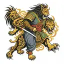 samurai surrounded by lions facing each tattoo design idea