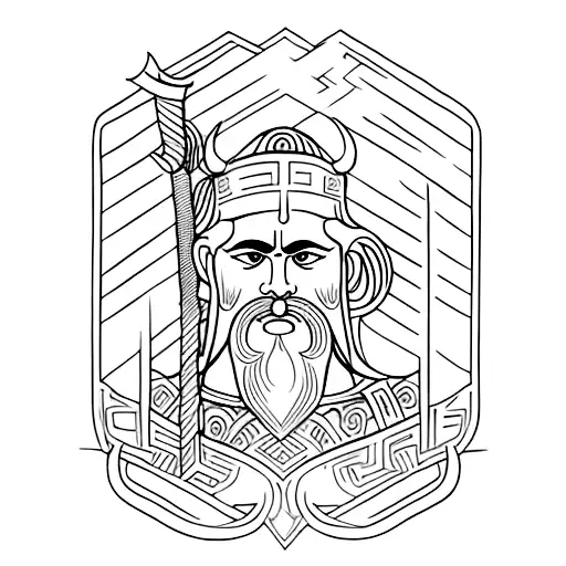 A minimalist tattoo of a Greek god Ares wielding a sword, surrounded by architectural elements tattoo design idea