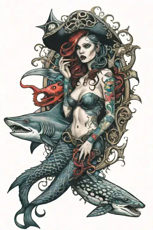 gothic mermaid underwater scene with sharks, red octopus and sunken pirate ship in color tattoo design idea