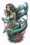 gothic mermaid underwater scene with colorful with sharks tattoo design idea