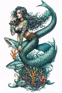 gothic mermaid underwater scene with colorful with sharks tattoo design idea