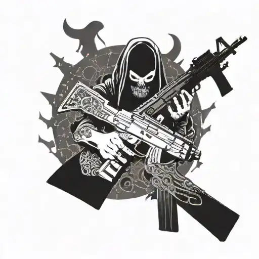 A demonic creature holding a ak-47 with a psychedelic space backdrop tattoo design idea