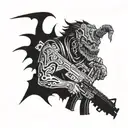 A demonic creature holding a ak-47 with a psychedelic space backdrop tattoo design idea