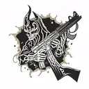 A demonic creature holding a ak-47 with a psychedelic space backdrop tattoo design idea