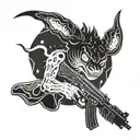 A demonic creature holding a ak-47 with a psychedelic space backdrop tattoo design idea