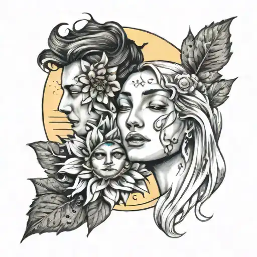 A male sun with masculine flower petals looking into the eyes of a delicate female crescent moon embracing her  tattoo design idea