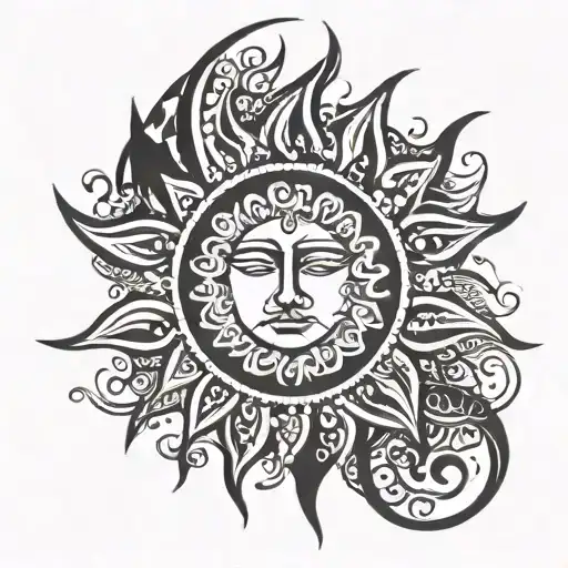 A sun with masculine flower petals looking into the eyes of a delicate feminine crescent moon embracing her  tattoo design idea