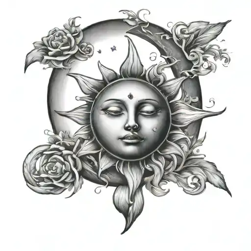 A male sun with masculine petals embracing a delicate female crescent moon in the twilight night sky tattoo design idea