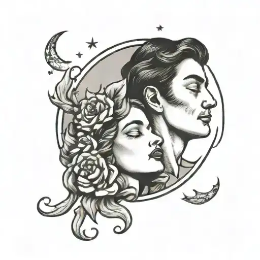 A male sun with masculine flower petals looking into the eyes of a delicate female crescent moon embracing her  tattoo design idea