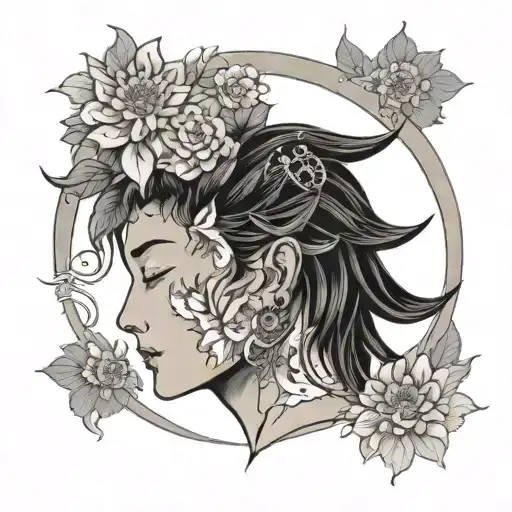 A male sun with masculine flower petals looking into the eyes of a delicate female crescent moon embracing her  tattoo design idea