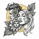 A male sun with masculine flower petals looking into the eyes of a delicate female crescent moon embracing her  tattoo design idea