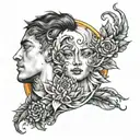 A male sun with masculine flower petals looking into the eyes of a delicate female crescent moon embracing her  tattoo design idea