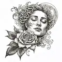 A male sun with masculine flower petals looking into the eyes of a delicate female crescent moon embracing her  tattoo design idea