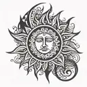 A sun with masculine flower petals looking into the eyes of a delicate feminine crescent moon embracing her  tattoo design idea