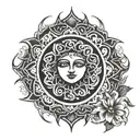 A sun with masculine flower petals looking into the eyes of a delicate feminine crescent moon embracing her  tattoo design idea