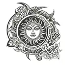 A sun with masculine flower petals looking into the eyes of a delicate feminine crescent moon embracing her  tattoo design idea