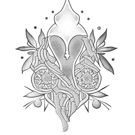 Combine African religious symbols with botanical elements in a dotwork tattoo tattoo design idea