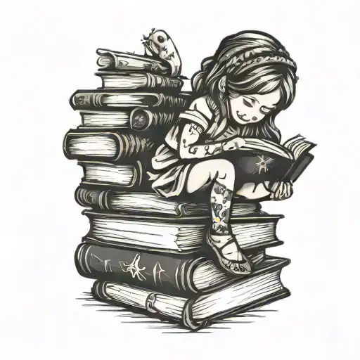 little girl reading on a stack of books tattoo design idea