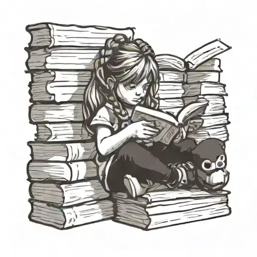 little girl with pigtails reading while sitting on a stack of books tattoo design idea