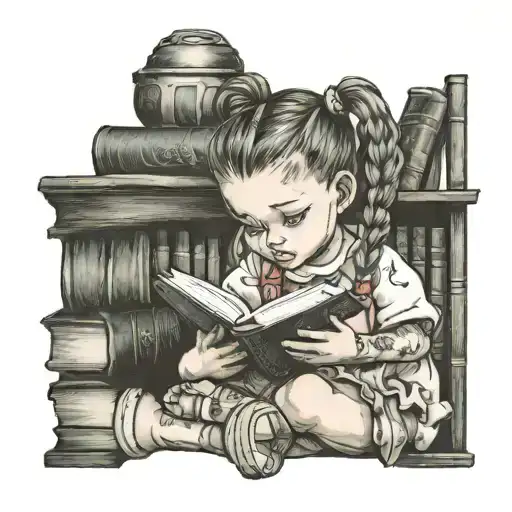 little girl with pigtails reading on a stack of books tattoo design idea
