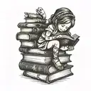 little girl reading on a stack of books tattoo design idea
