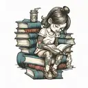 little girl reading on a stack of books tattoo design idea