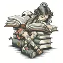 little girl reading on a stack of books tattoo design idea