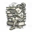 little girl reading on a stack of books tattoo design idea
