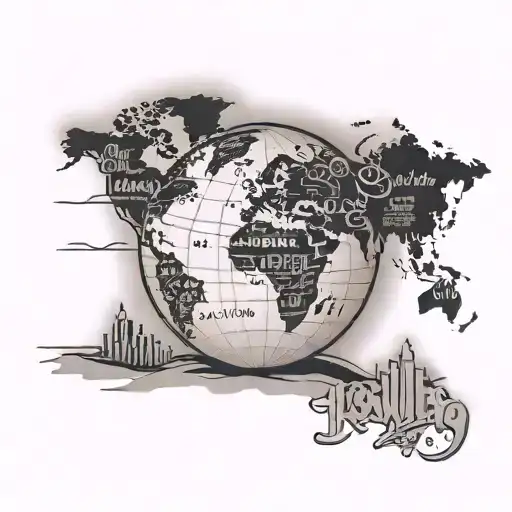 A globe with hip-hop lyrics as latitude and longitude lines tattoo design idea