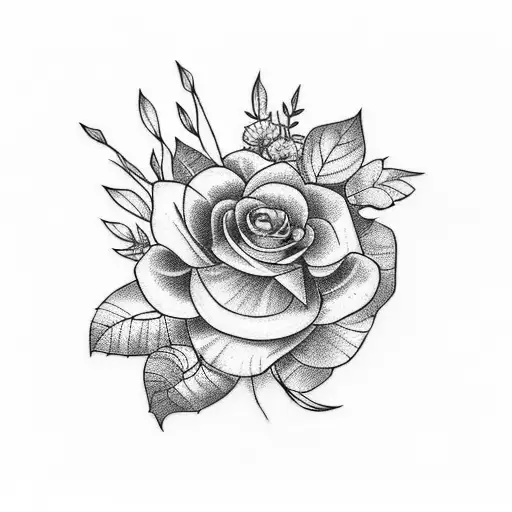 A minamalist tattoo design of a bouquet using stems using the birth flowers of July, April, February, and July tattoo design idea