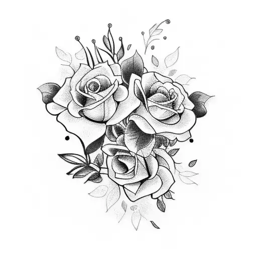 A tattoo design of a bouquet combining the birth flowers of July, April, February, and July tattoo design idea