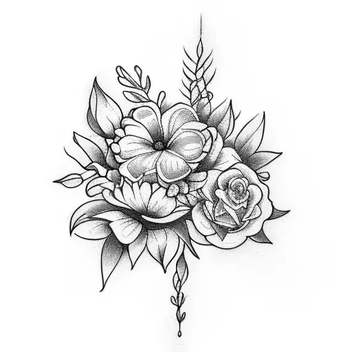 A tattoo design of a bouquet using stems using the birth flowers of July, April, February, and July tattoo design idea