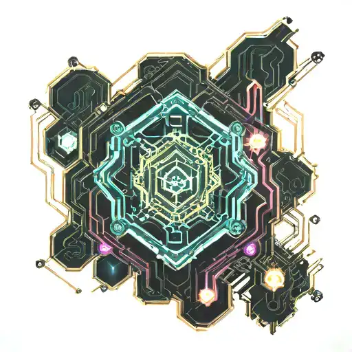 A cyberpunk-inspired tattoo featuring a hexagon-shaped computer chip with intricate wires and circuitry, surrounded by futuristic elements like neon lights and holographic displays tattoo design idea