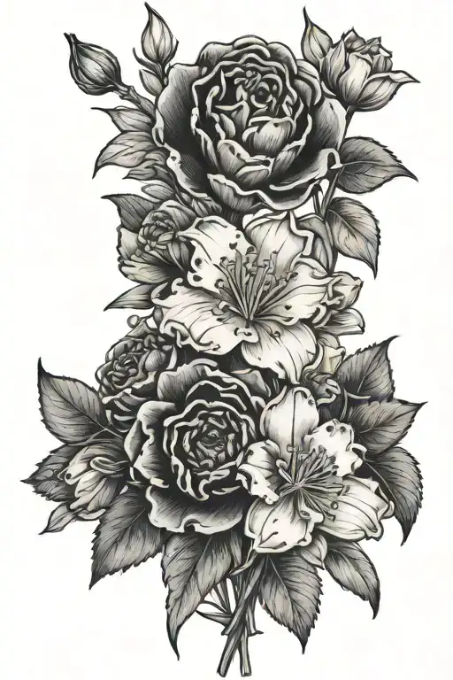 A black-grey tattoo of a detailed carnation and snowdrop bouquet with subtle shading for depth tattoo design idea