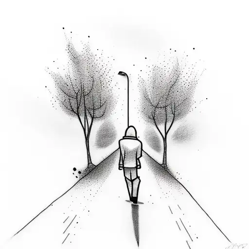 A minimalist tattoo of a lonely figure walking down a street filled with vibrant graffiti. tattoo design idea