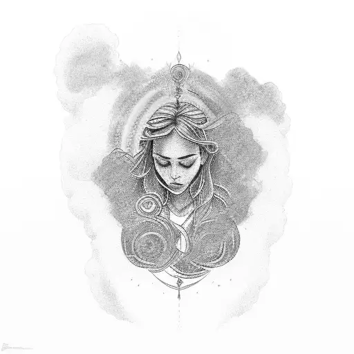 Side on 2D of woman kneeling with right hand above head and left arm below hip and a rainbow connecting the two hands tattoo design idea