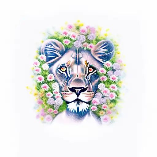 female lion with 2 cubs surrounded by flowers and nature tattoo design idea