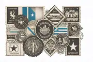 A passport stamp collage tattoo featuring the flags of Greece, France, Vietnam, Argentina, and Kenya tattoo design idea