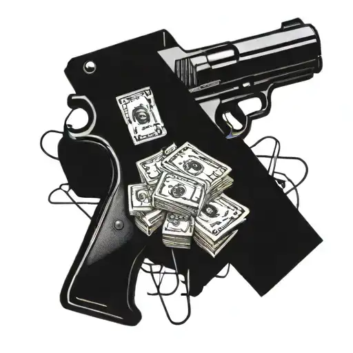 An intricate design of a pistol surrounded by stacks of cash and a trap house in the background tattoo design idea