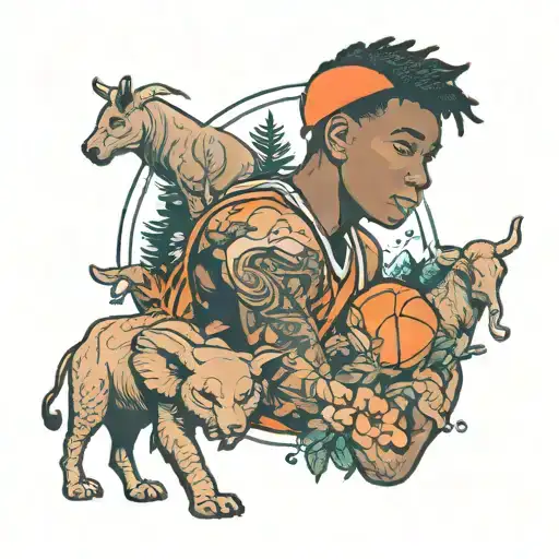 A traditional style tattoo of a basketball player resembling NBA Youngboy, surrounded by elephants and wolves in a forest setting tattoo design idea