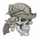 A stylized skull wearing a bandana with a gun in its mouth, symbolizing the dangers of the thug life tattoo design idea