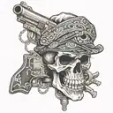 A stylized skull wearing a bandana with a gun in its mouth, symbolizing the dangers of the thug life tattoo design idea