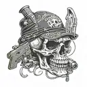 A stylized skull wearing a bandana with a gun in its mouth, symbolizing the dangers of the thug life tattoo design idea