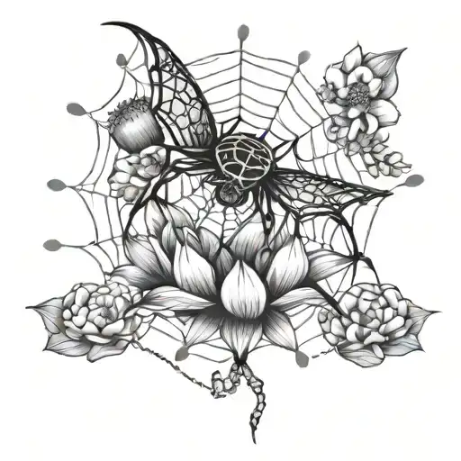 spider web with lotus flowers and spider  tattoo design idea