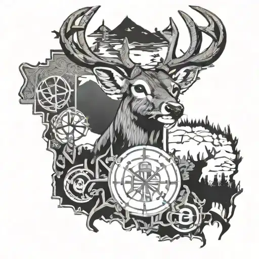 A collage of Ohio State Football symbols intertwined with deer hunting elements, all set against a backdrop of Torch Lake Michigan tattoo design idea