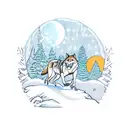 wolves running in the woods with a man and the moon backwards tattoo design idea