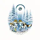 wolves running in the woods with a man and the moon backwards tattoo design idea